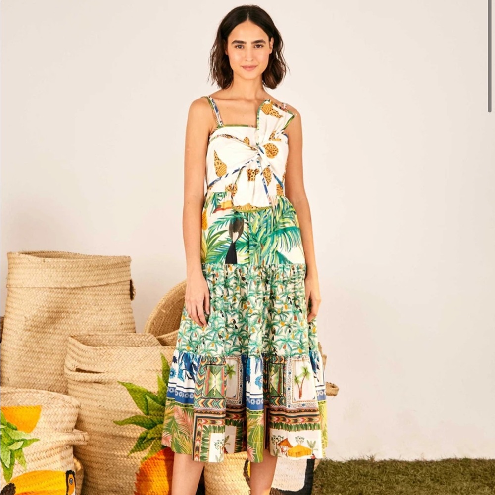 Farm Rio Mixed Prints Bow Top Midi Dress